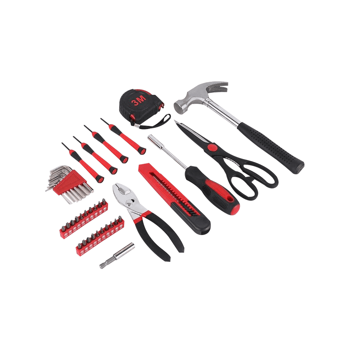39 kappaleen työkalusarja kotikäyttöön tarkoitettujen käsityökalujen sarja, jossa on kannettava työkalulaatikon säilytystila